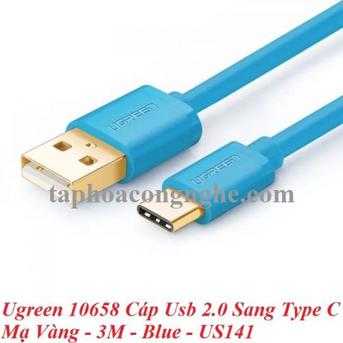 Ugreen 10658 3M Màu xanh dương Cáp Usb 2.0 Sang Type C mạ vàng US141 30010658